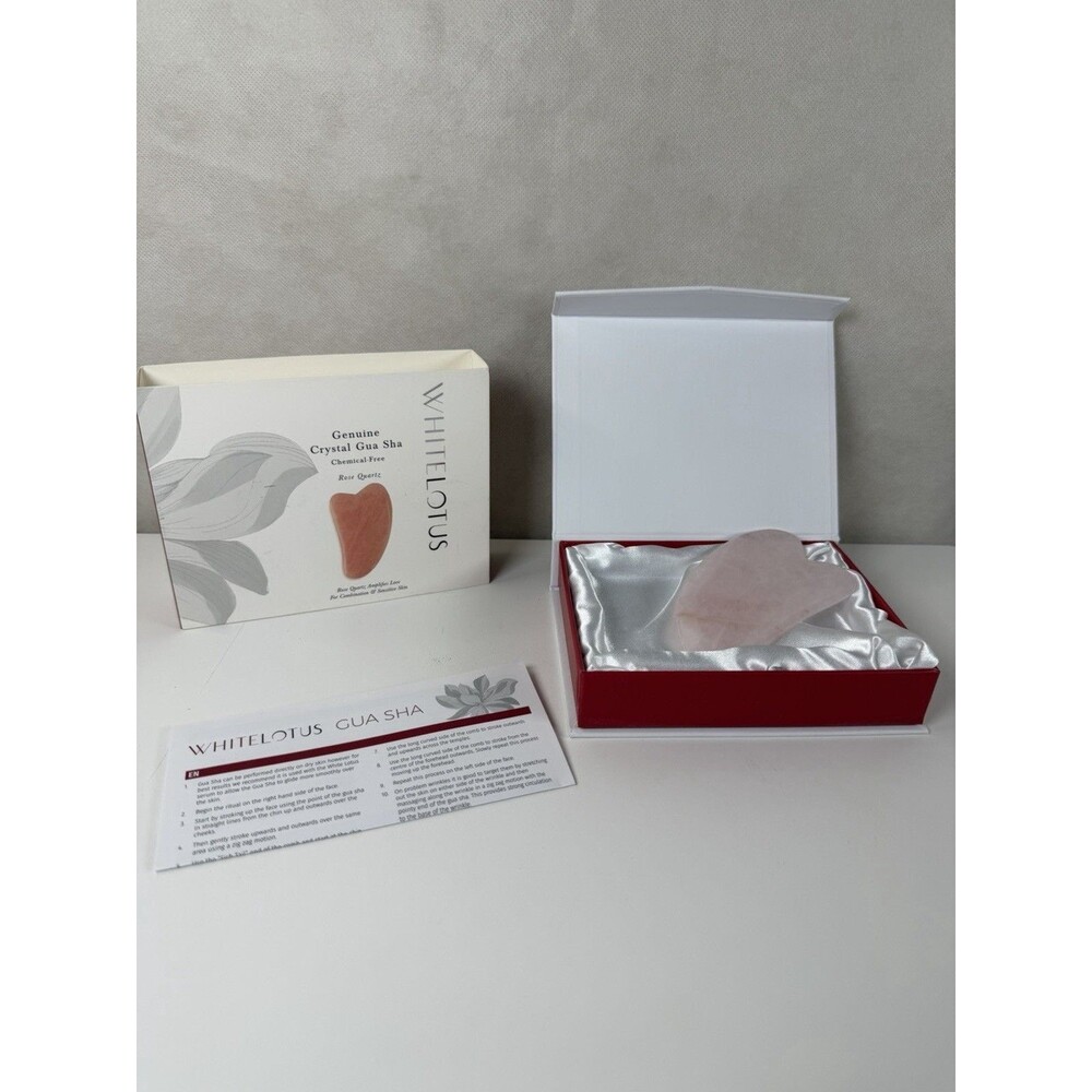 White Lotus Genuine Crystal Gua Sha Rose Quartz Facial Tool NIB Silk Box Insert